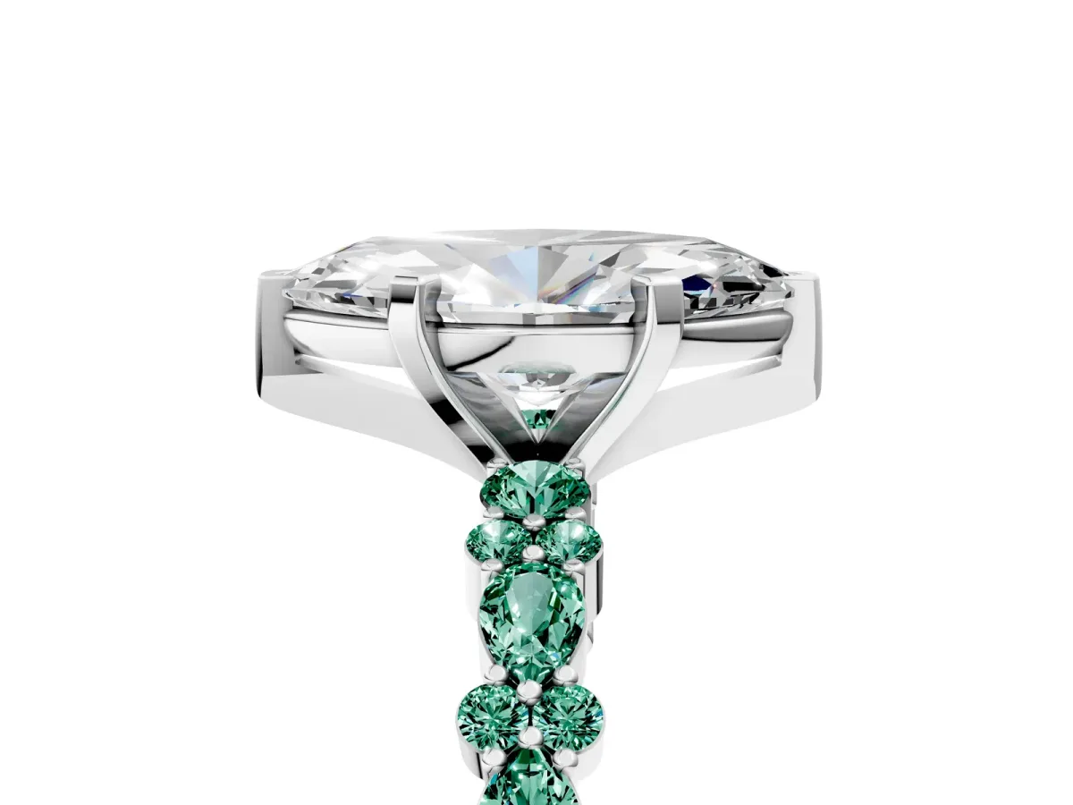 Marquise Cut Diamond Side Stone Solitaire Ring with Round Green Sapphire and Four-Prong Setting Silver