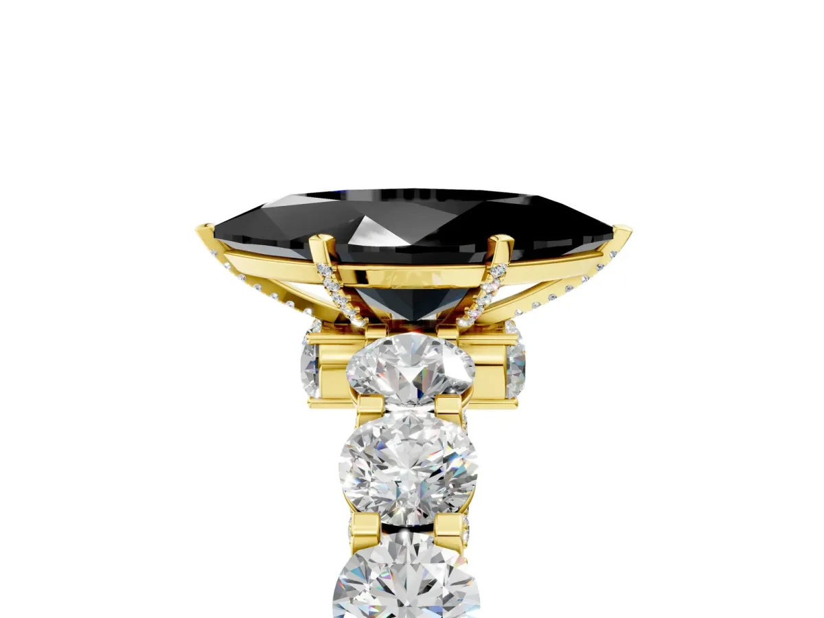 Fancy Black Marquise Cut Diamond Side Stone Engagement Ring with Four-Prong Setting Yellow gold