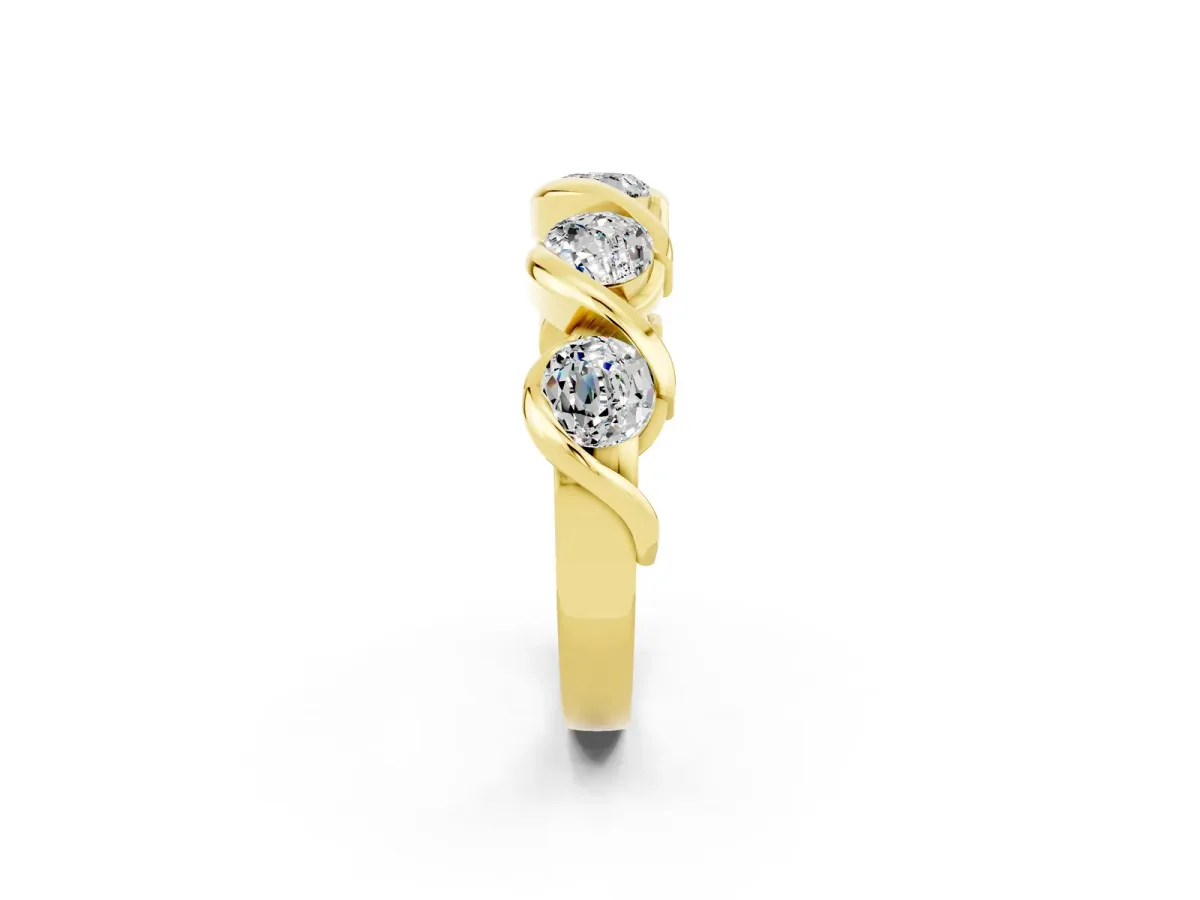 Round Moissanite Wave Band with Channel Setting and Shared Prongs Yellow gold
