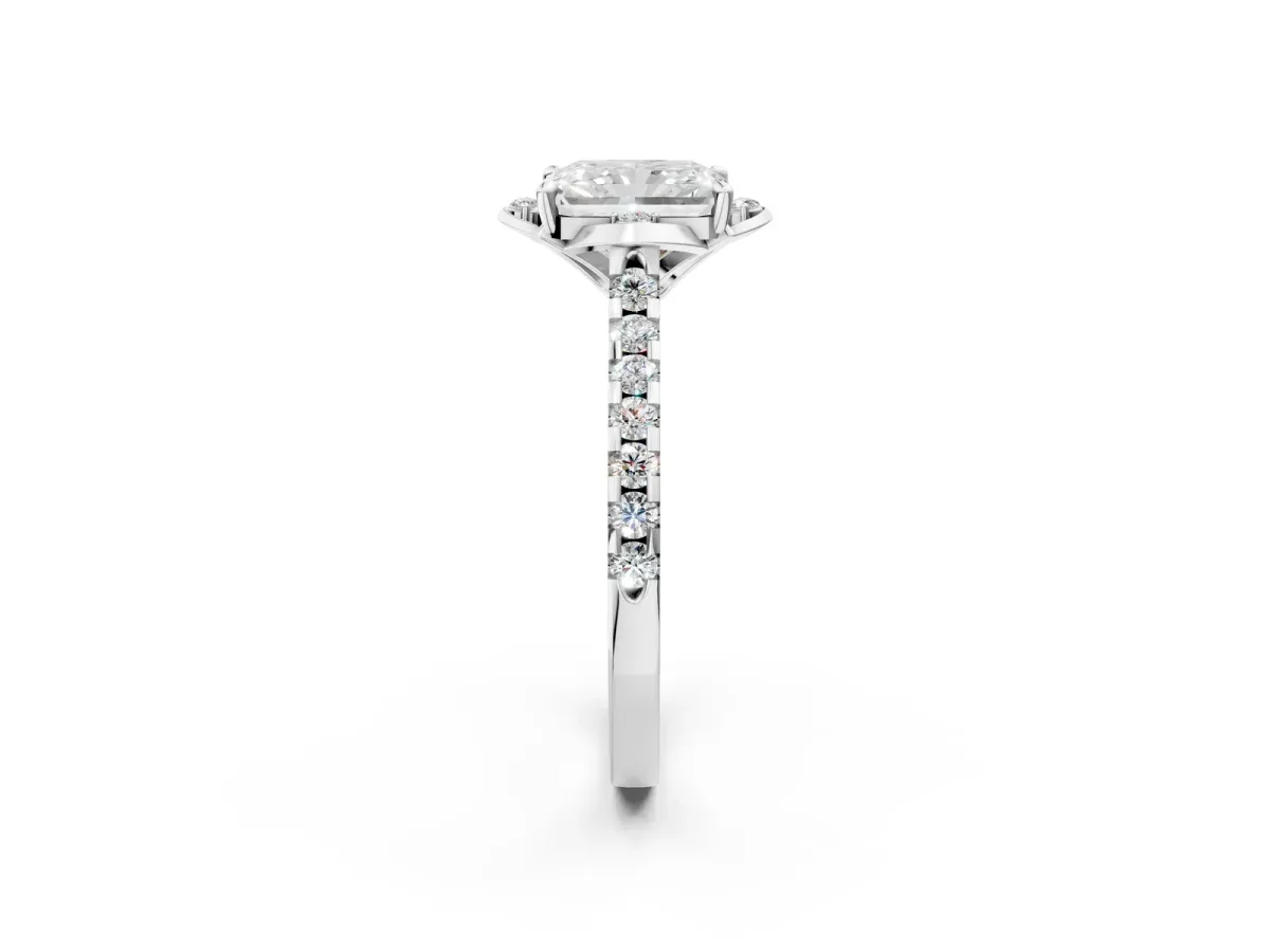 Radiant Cut Diamond Ring with Pavé Band and Floral Prong Setting Platinum