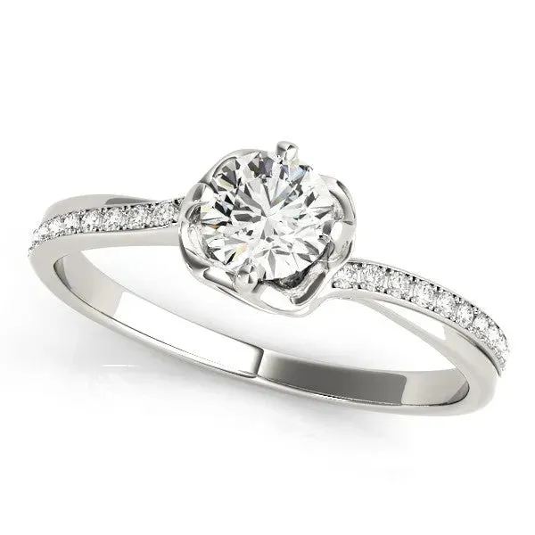 Round Cut Diamond Solitaire Ring with Pavé Band and Sculpted Prong Setting Silver