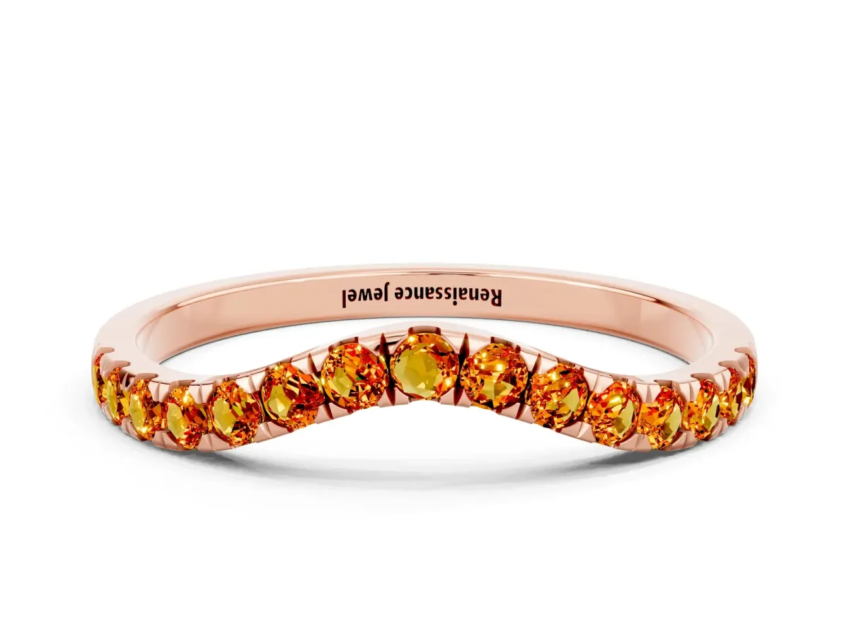Curved Pavé Round Citrine Wedding Band with Shared Prong Setting Rose gold