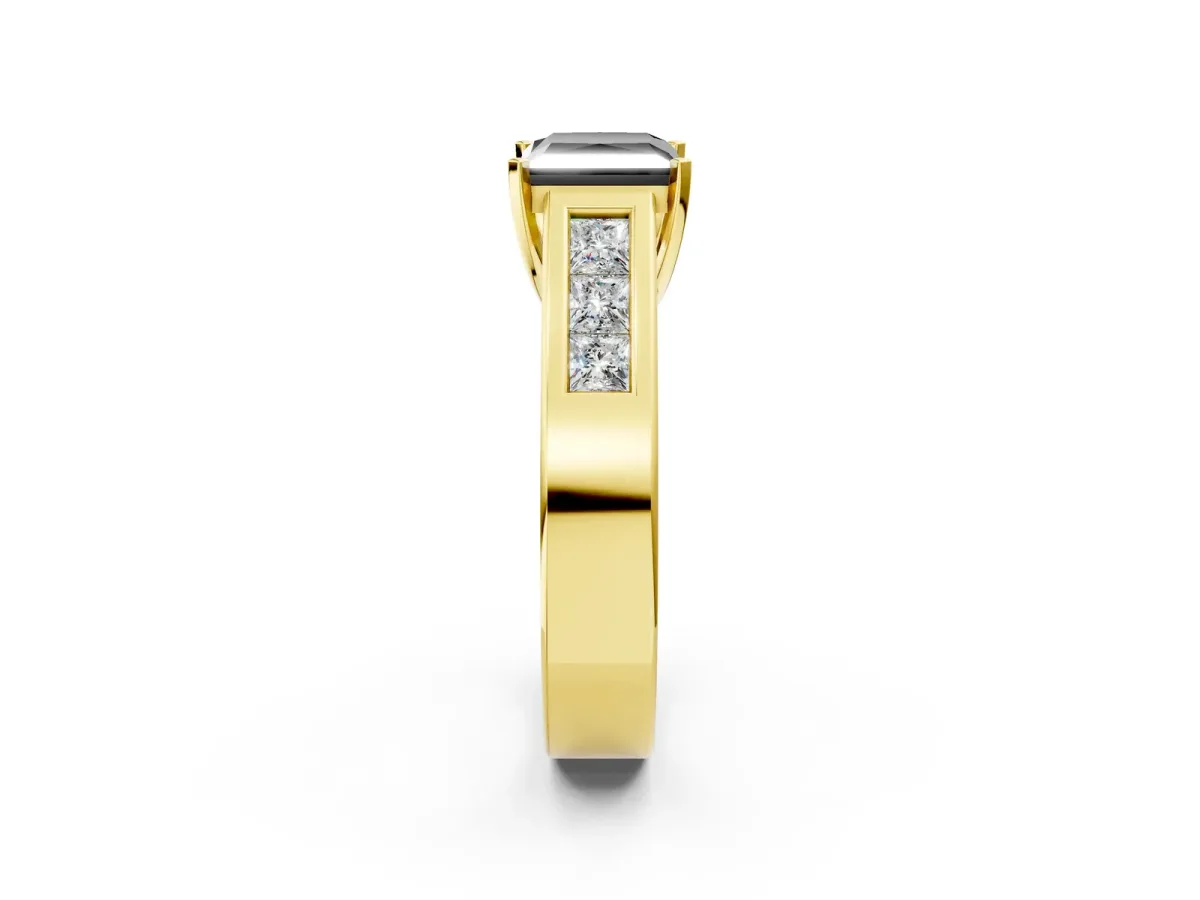Fancy Black Princess Cut Cut Channel Set Solitaire Ring with Four-Prong Setting Yellow gold