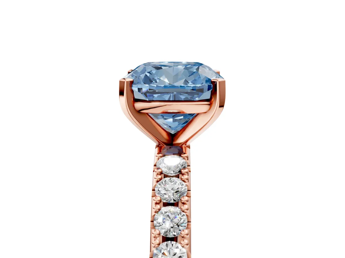 Fancy Blue Cushion Cut Diamond Solitaire Pavé Band with Four-Prong Setting Rose gold
