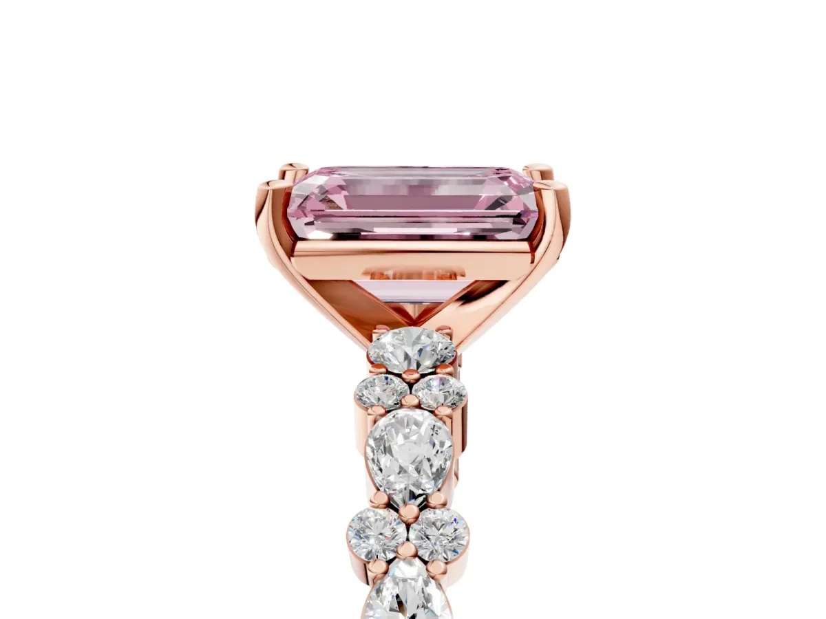 Fancy Pink Emerald Cut Diamond Side Stone Solitaire Ring with Round and Four-Prong Setting Rose gold