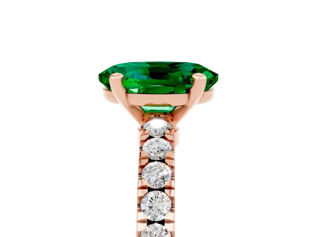 Oval Cut Solitaire Emerald with Pavé Band and Four-Prong Setting Rose gold