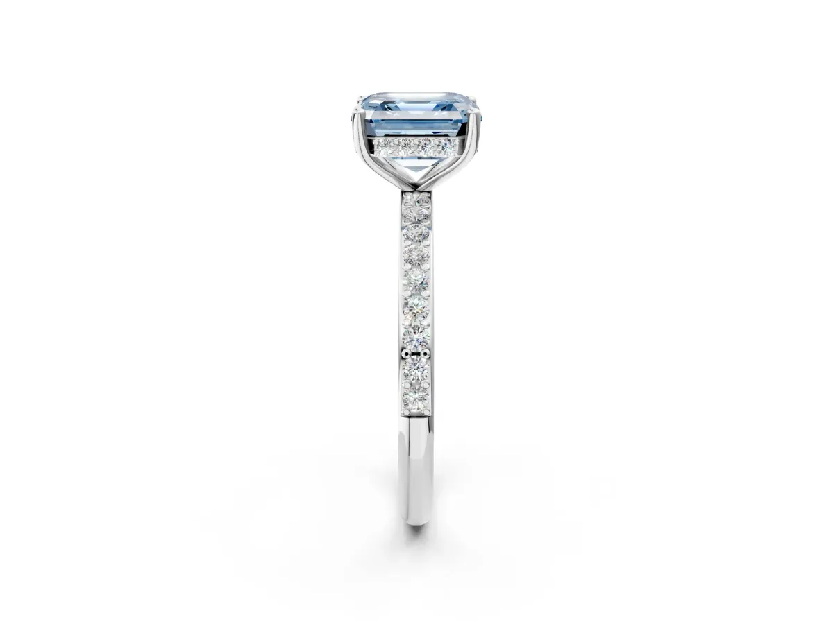 Fancy Blue Asscher Cut Cut Diamond Pavé Band Ring with Four-Prong Setting Platinum
