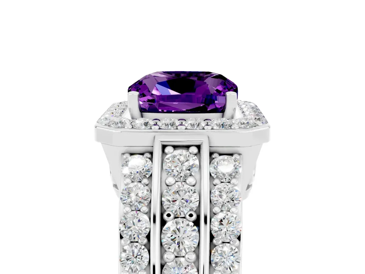 Cushion Cut Halo Amethyst Ring with Round Split Shank and Prong Setting Platinum