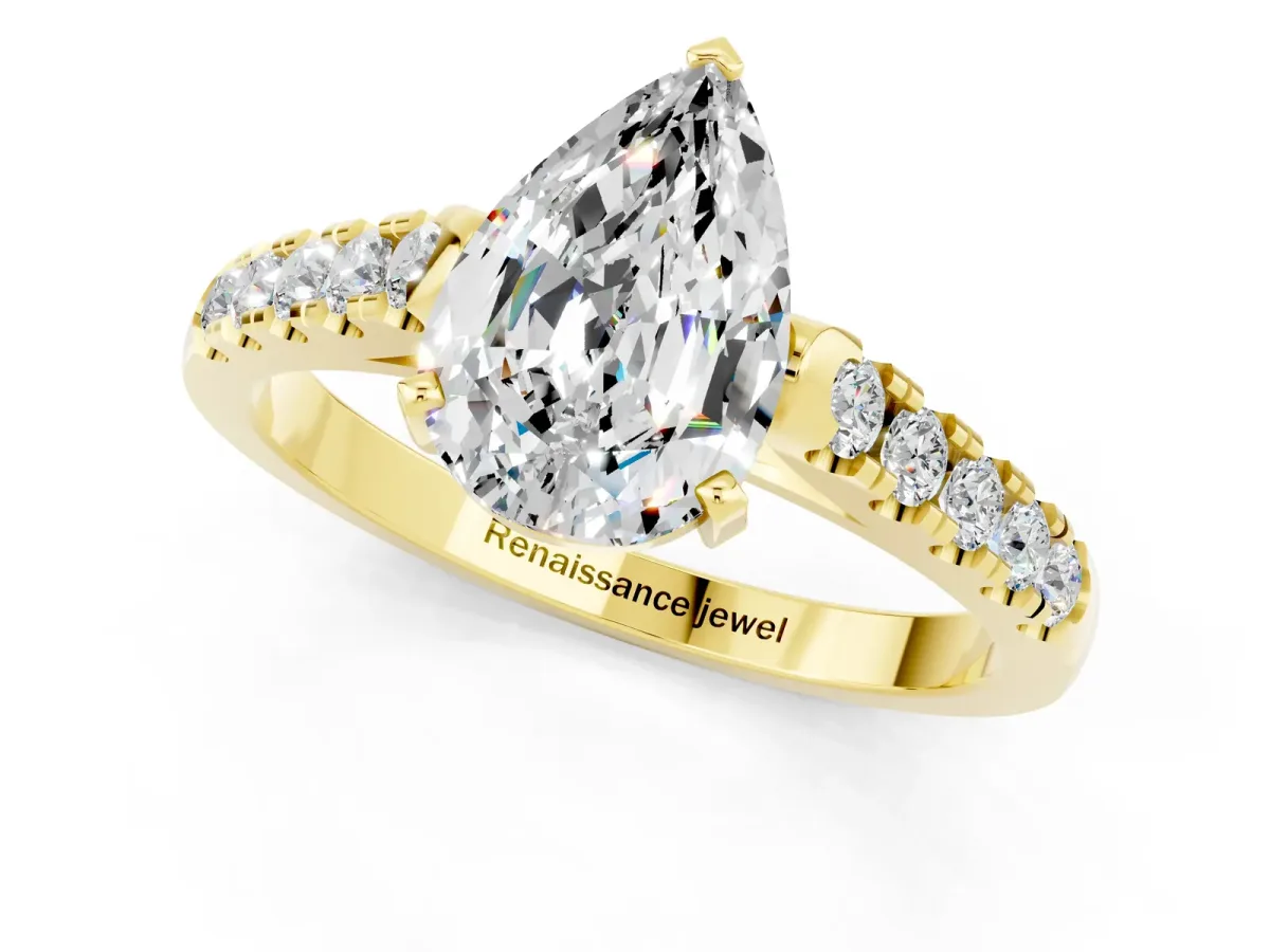 Pear Cut Moissanite Pavé Band Solitaire Ring with Prong Setting Yellow gold
