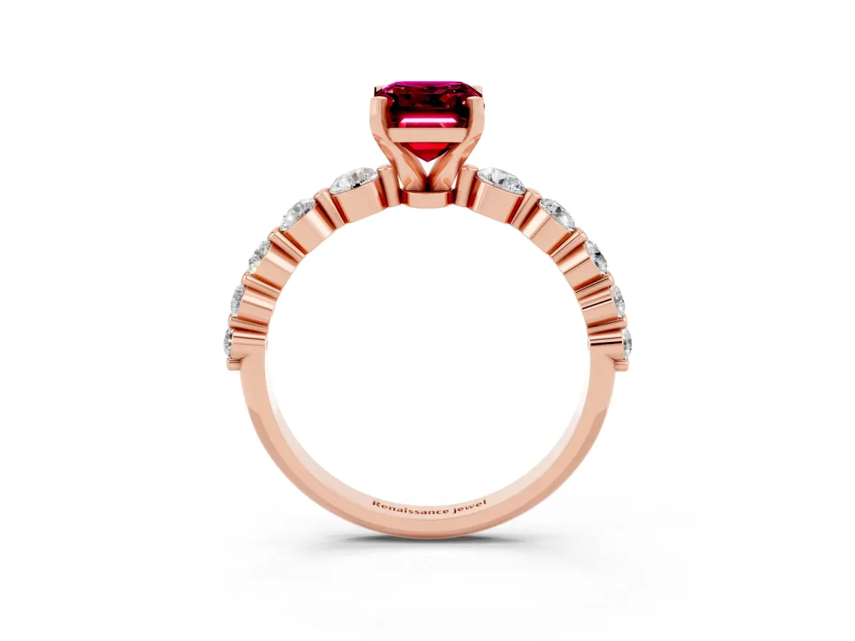 Emerald Cut Solitaire Garnet Ring with Pave Band and Four-Prong Setting Rose gold