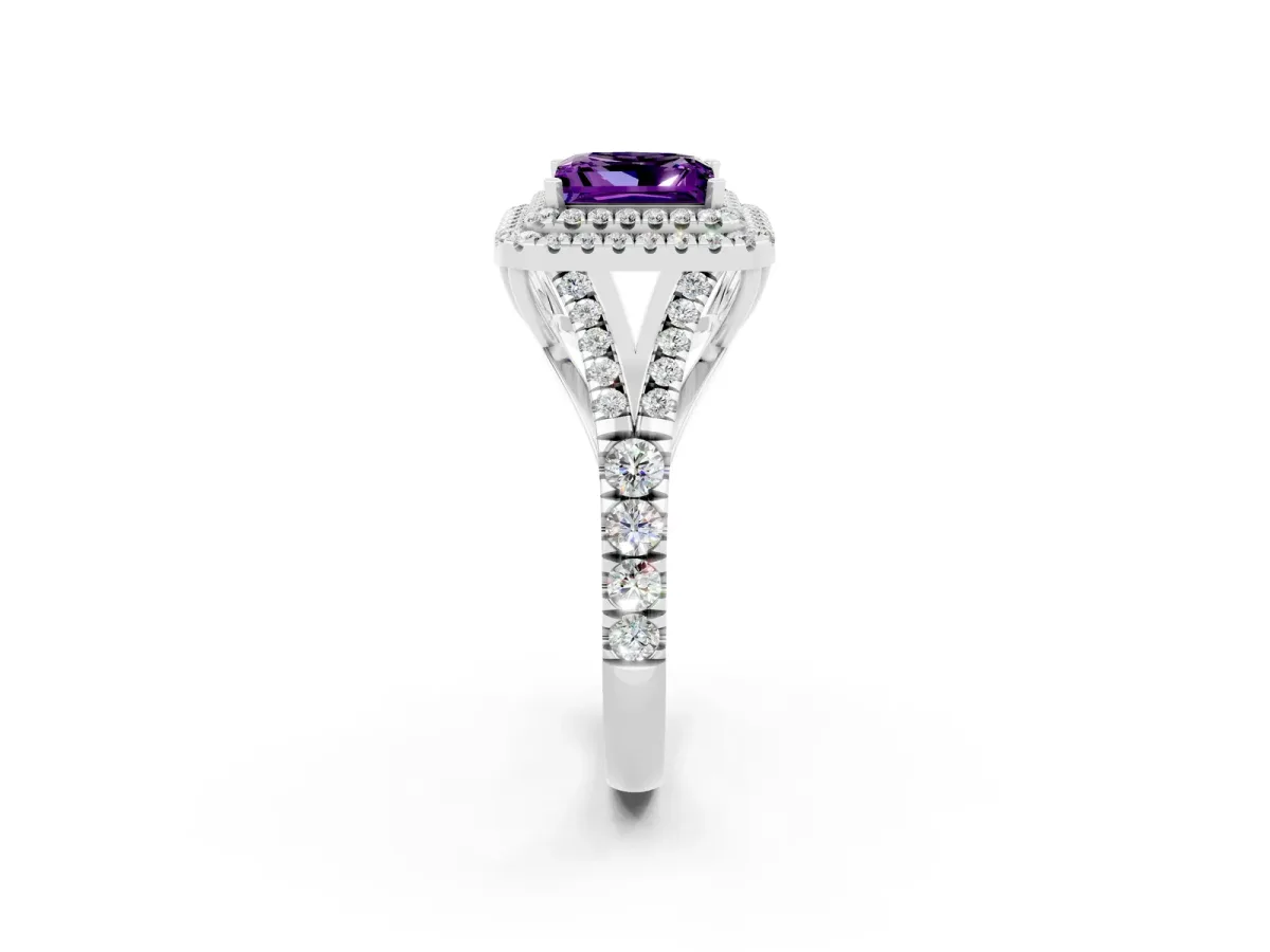 Double Halo Princess Cut Amethyst Split Shank Engagement Ring with Four-Prong Setting White gold