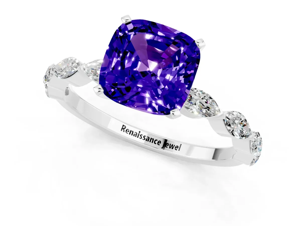 Cushion Cut Tanzanite Ring with Marquise Side Stones and Prong Setting Platinum