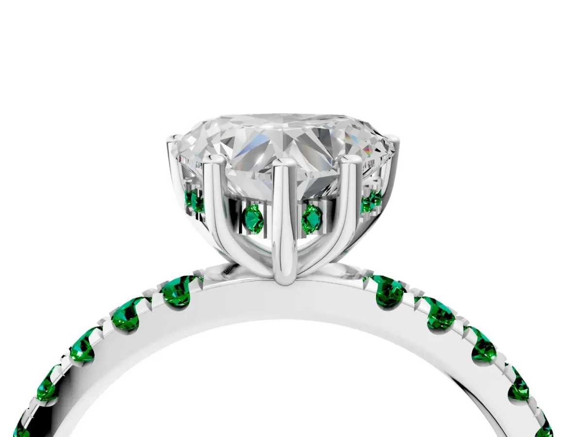 Heart Cut Diamond Pave Band Solitaire Ring with Round Emerald and Prong Setting Platinum