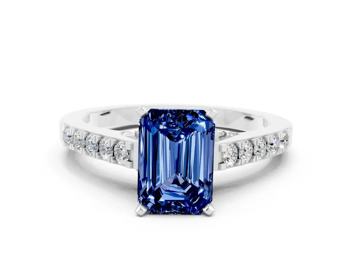 Emerald Cut Blue Sapphire Solitaire Ring with Crossover Gallery and Round Pavé Band Silver