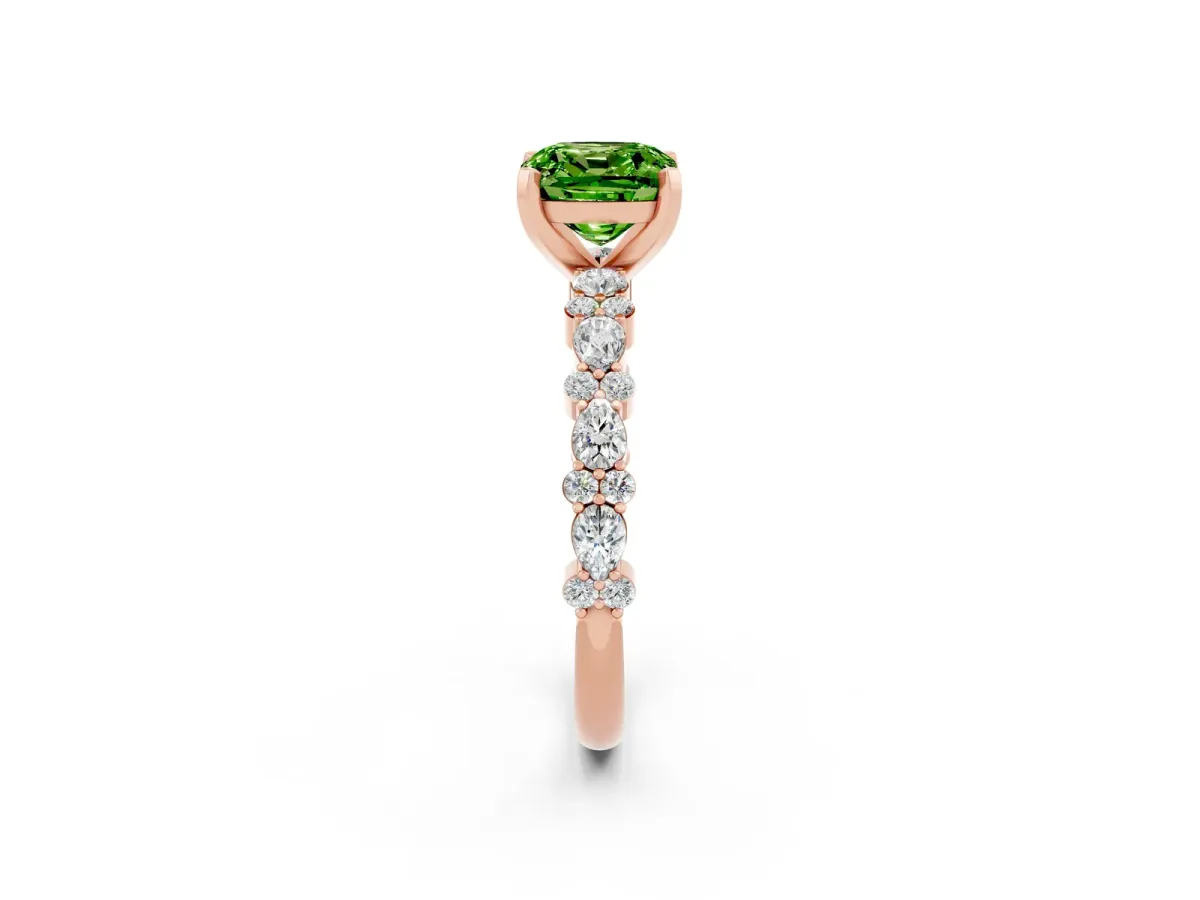 Cushion Cut Peridot Side Stone Solitaire Ring with Round and Four-Prong Setting Rose gold