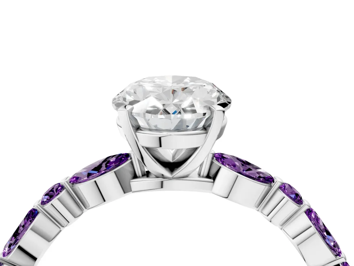 Oval Cut Diamond Ring with Marquise and Round Amethyst Side Stones and Four-Prong Setting Silver