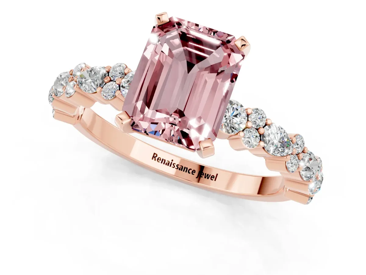 Emerald Cut Morganite Side Stone Solitaire Ring with Round and Four-Prong Setting Rose gold