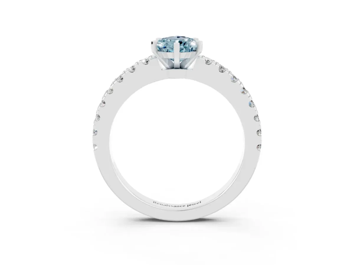 Pear Cut Solitaire Aquamarine with Pavé Band and Four-Prong Setting Silver