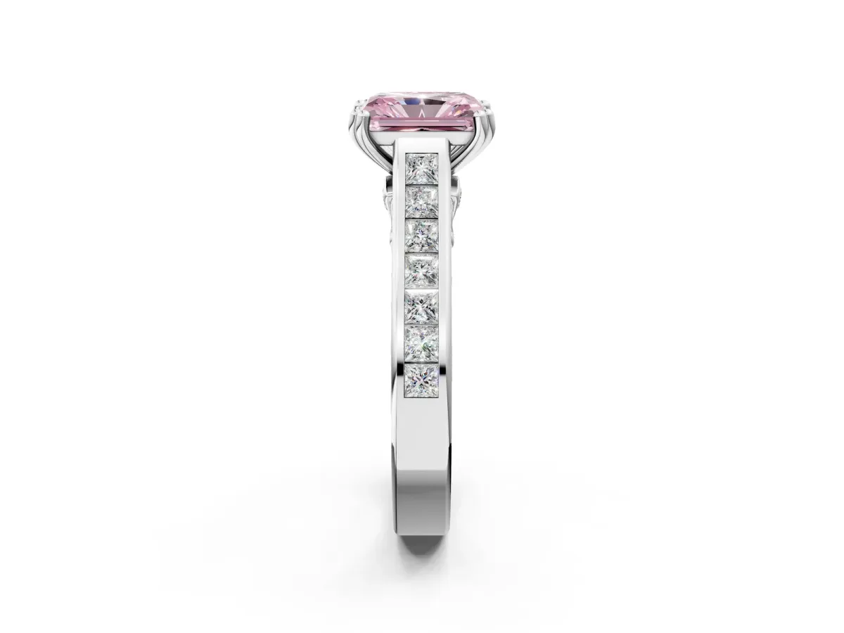 Fancy Pink Radiant Cut Cut Channel Set Solitaire Engagement Ring with Prong Setting Platinum