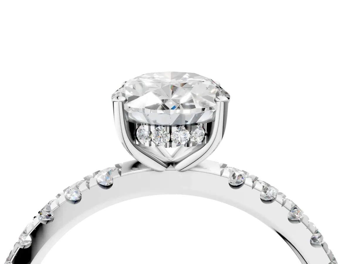 Oval Cut Diamond Pave Band Solitaire Ring with Round Moissanite and Prong Setting Silver
