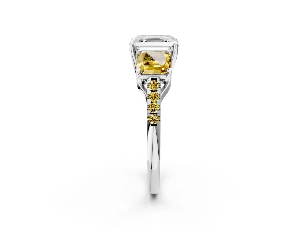Three-Stone Asscher Cut Diamond Ring with Round Yellow Sapphire Pavé Band and Prong Setting Silver