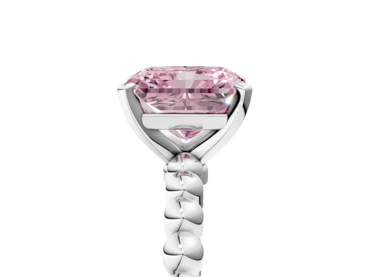 Fancy Pink Radiant Cut Diamond Solitaire Ring with Beaded Band and Prong Setting Silver
