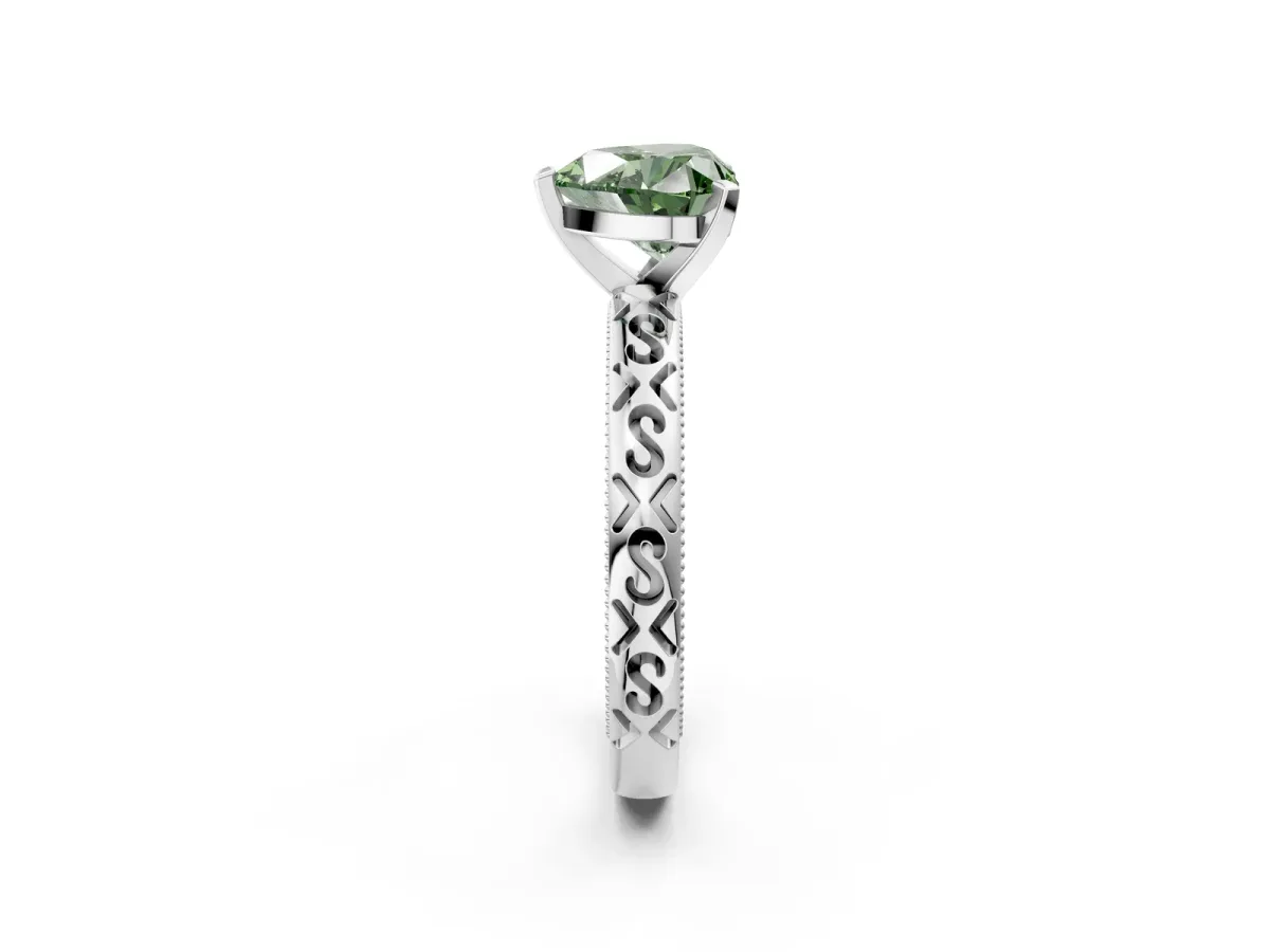 Fancy Green Heart Cut Solitaire Engagement Ring with Scrollwork Band and Four-Prong Setting Platinum