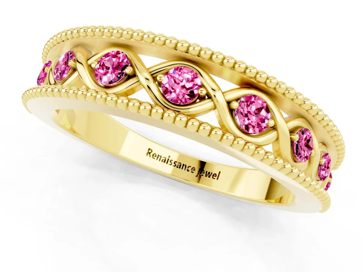 Round Pink Sapphire Twist Milgrain Band with Bezel Setting Yellow gold