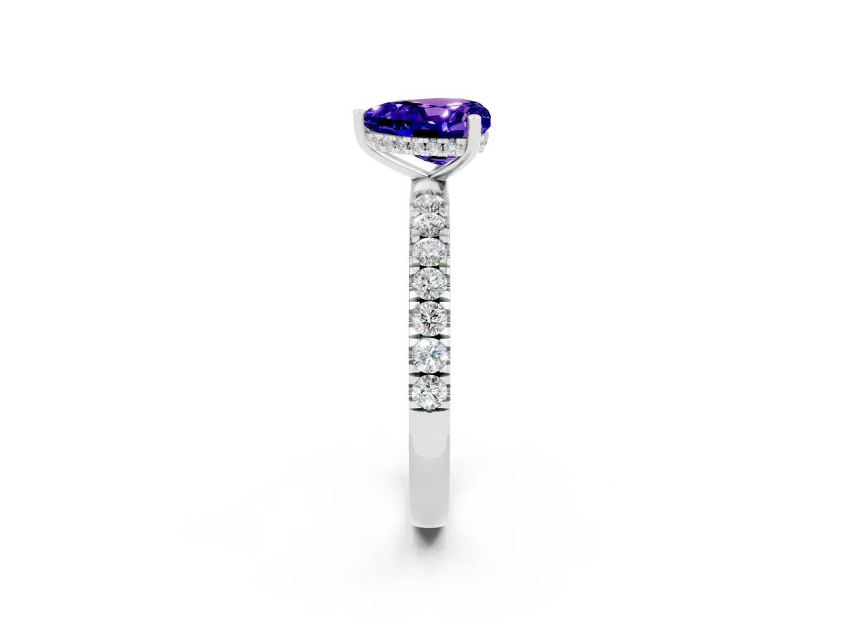 Heart Cut Tanzanite Pave Band Solitaire Ring with Round and Prong Setting Silver