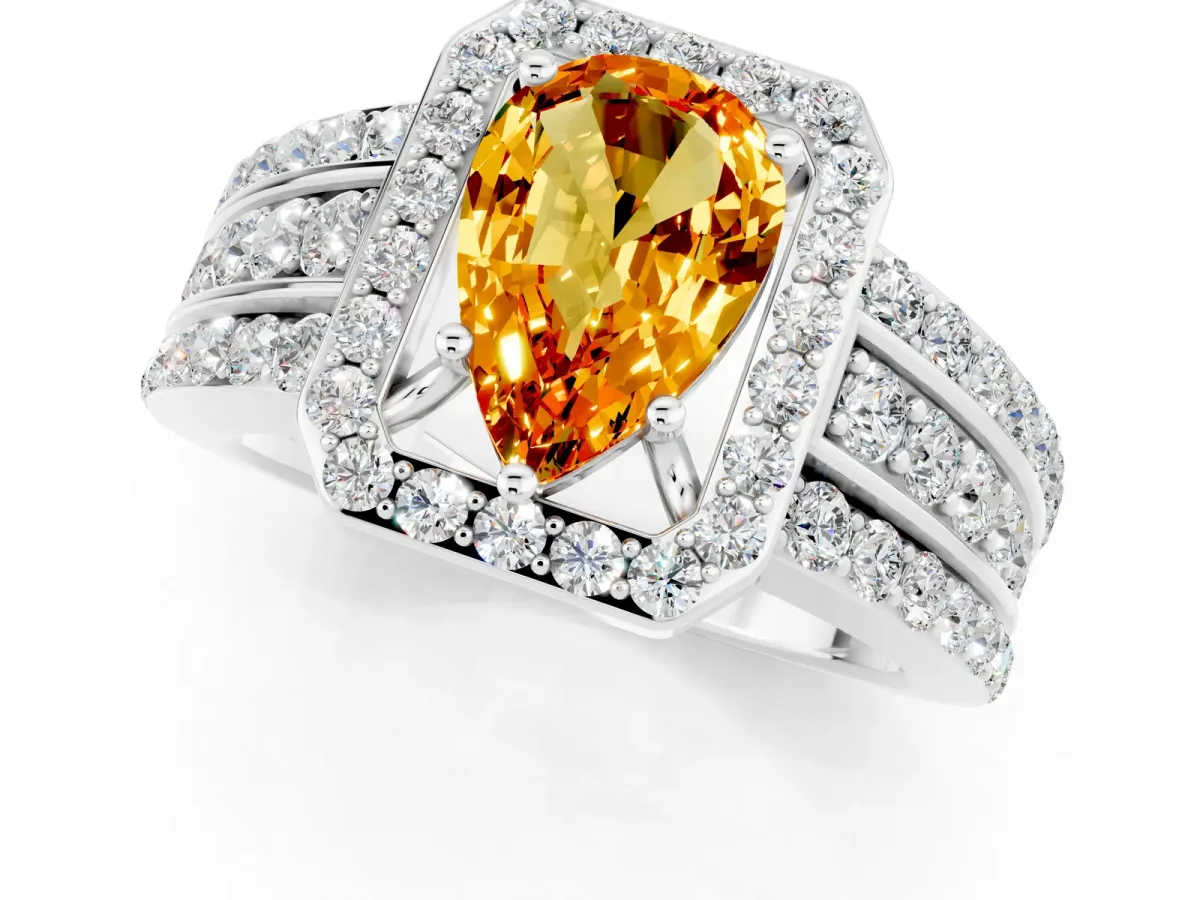 Pear Cut Halo Citrine Ring with Round Split Shank and Prong Setting Silver