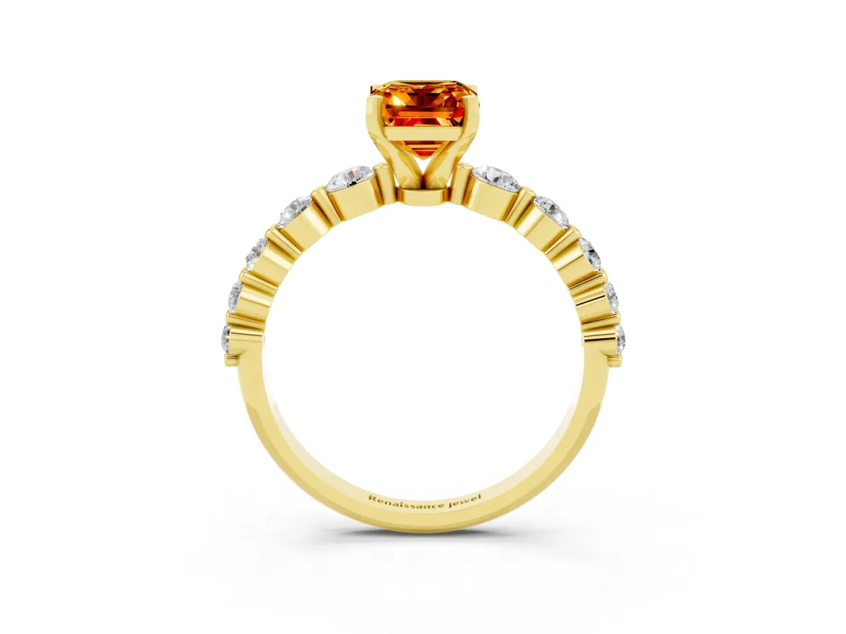 Emerald Cut Solitaire Citrine Ring with Pave Band and Four-Prong Setting Yellow gold