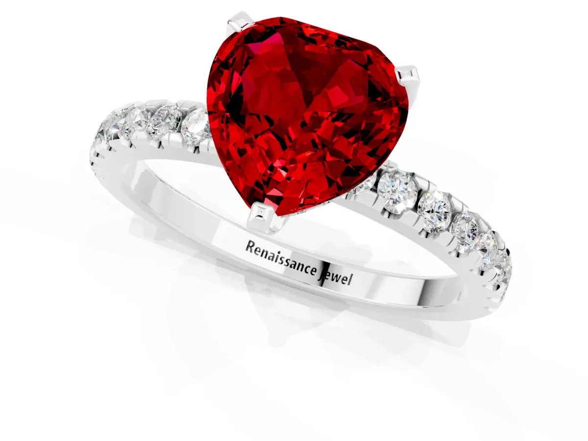 Heart Cut Ruby Solitaire Ring with Round Pavé Band and Four-Prong Setting Platinum