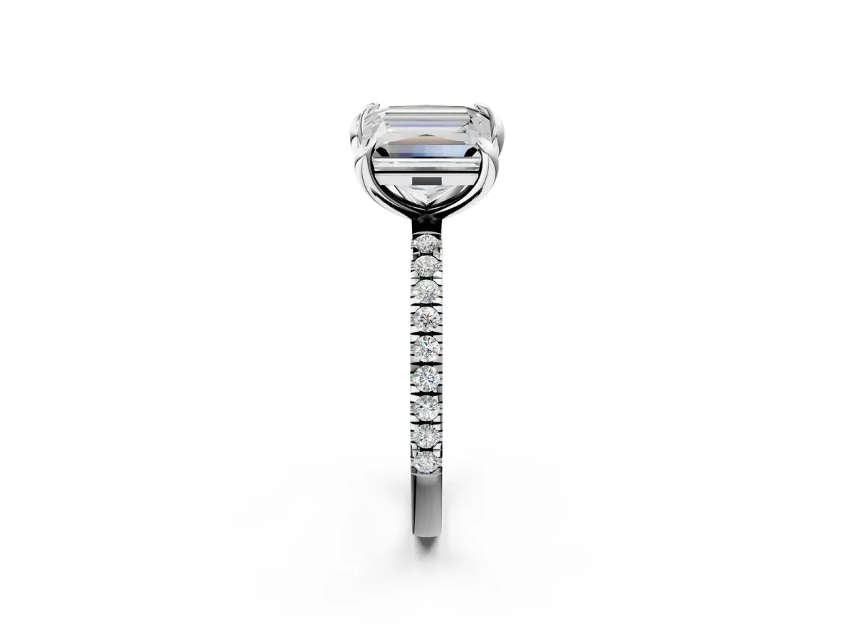 Emerald and Princess Toi Moi Ring with Prong Setting and Micro Pave Band Platinum