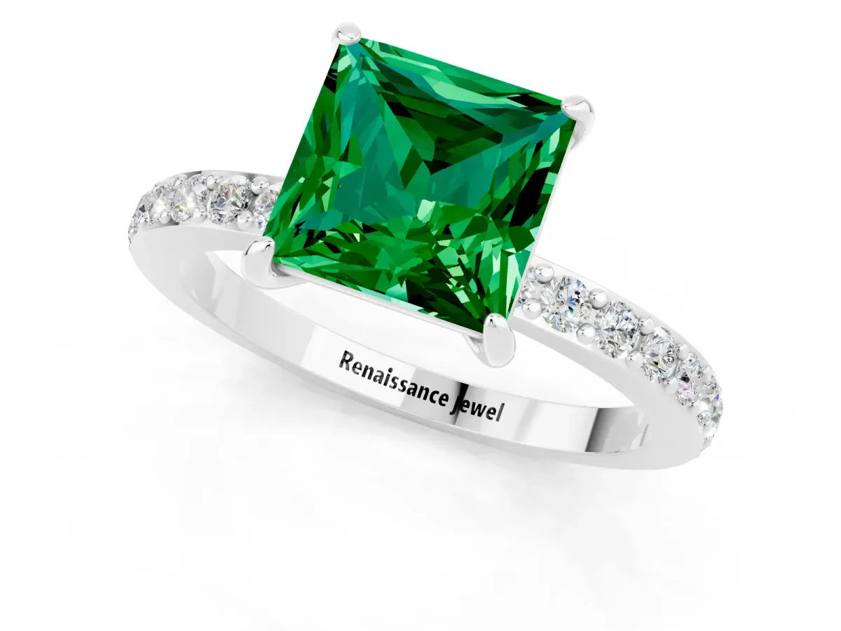Princess Cut Emerald Solitaire Engagement Ring with Pavé Band and Four-Prong Setting Silver