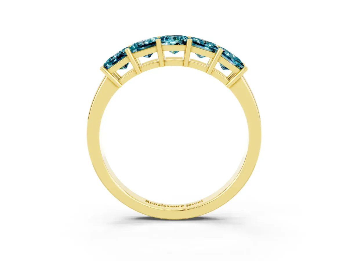 Princess Cut Five-Stone Blue Topaz Band with Prong Setting Yellow gold