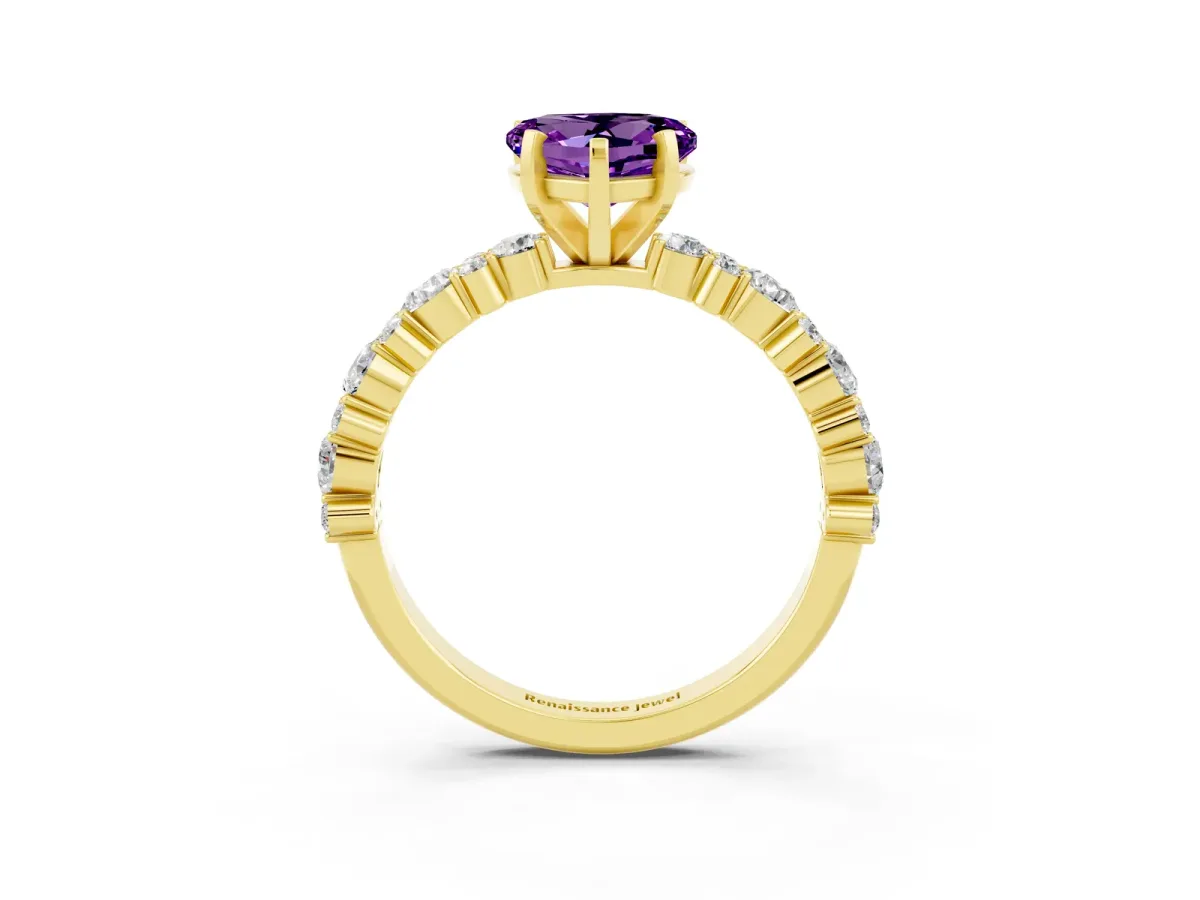 Heart Cut Amethyst Side Stone Solitaire Ring with Round and Four-Prong Setting Yellow gold