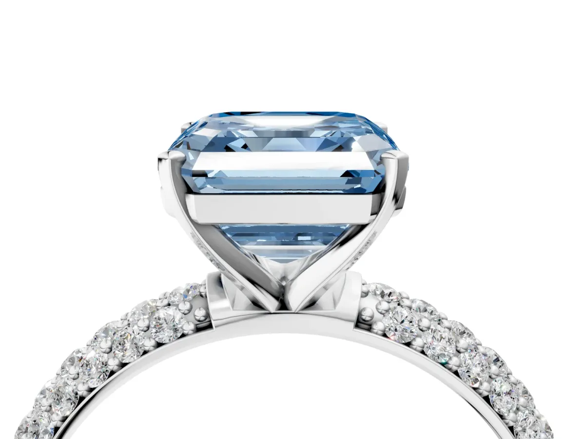 Fancy Blue Asscher Cut Diamond Solitaire Ring with Prong Setting and Pavé Band Platinum