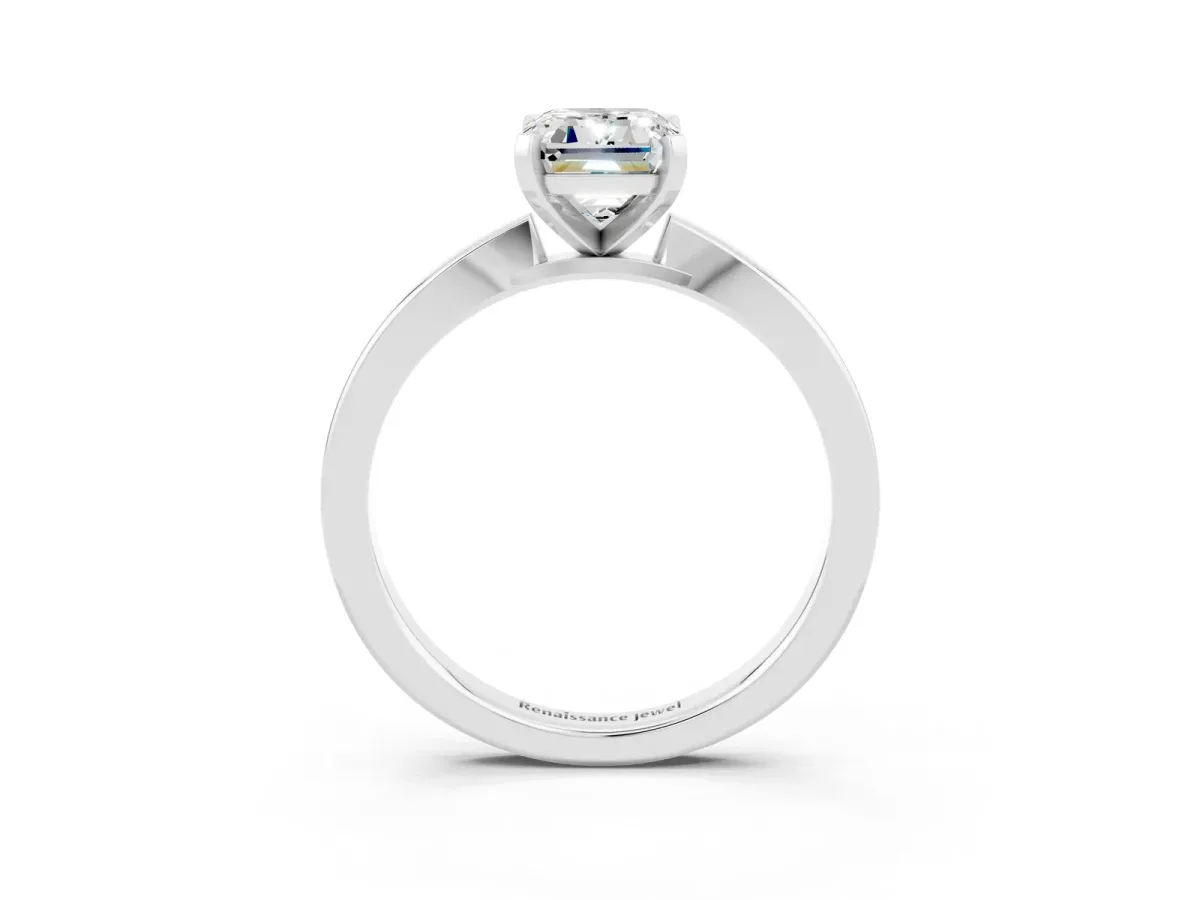Emerald Cut Moissanite Solitaire Engagement Ring with Classic Band and Four-Prong Setting Silver