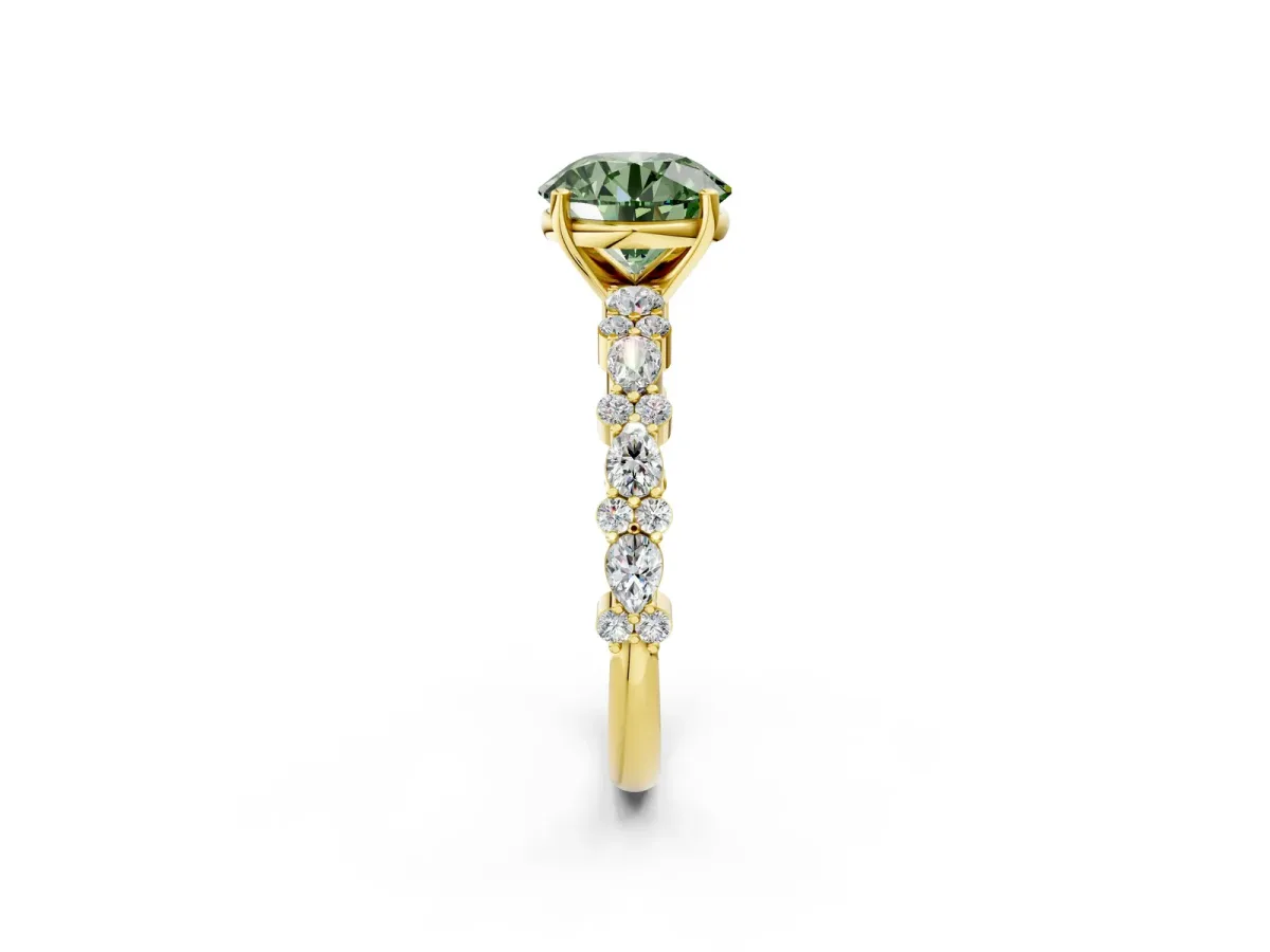 Fancy Green Round Cut Diamond Side Stone Solitaire Ring with Round and Four-Prong Setting Yellow gold