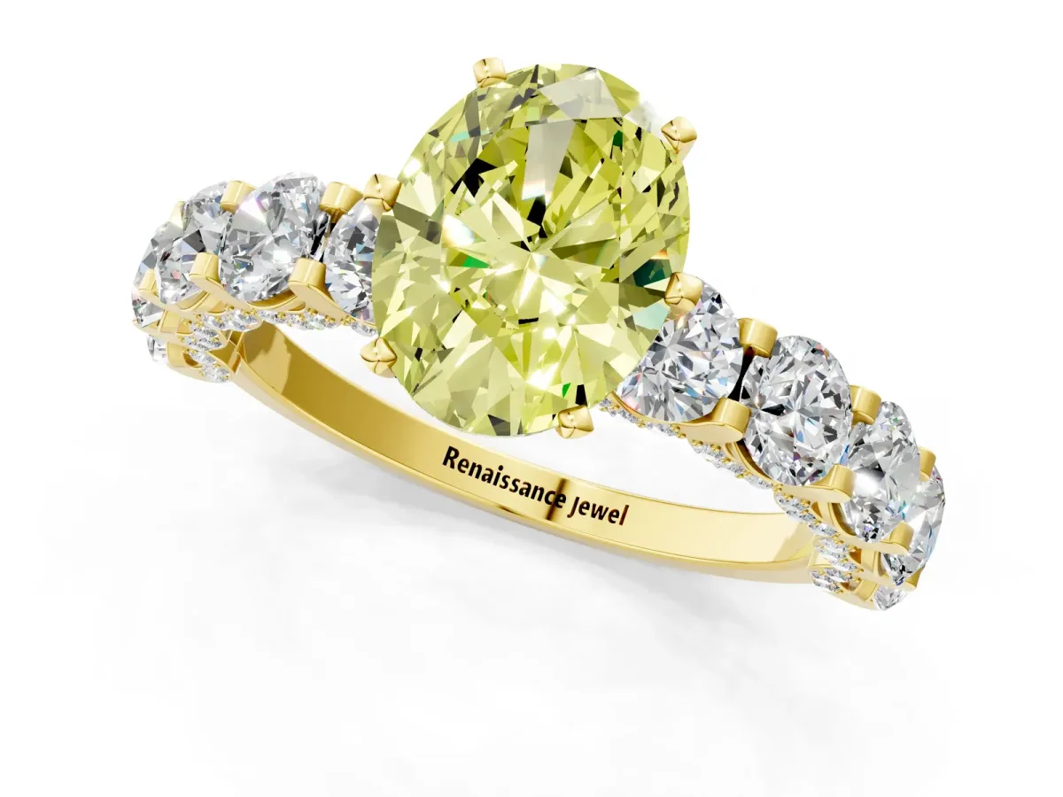 Fancy Yellow Oval Cut Diamond Side Stone Engagement Ring with Four-Prong Setting Yellow gold