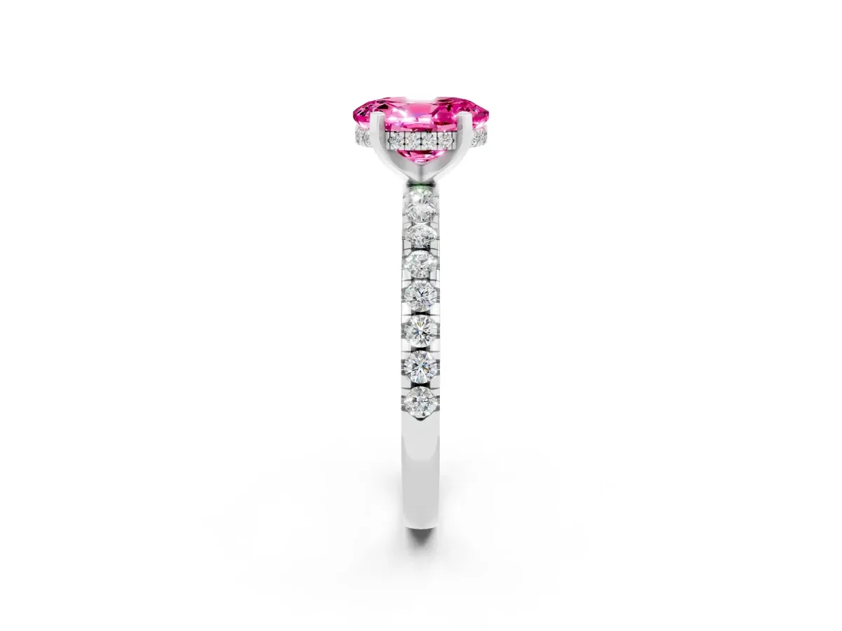 Oval Cut Pink Sapphire Solitaire Ring with Round Pavé Band and Four-Prong Setting Silver