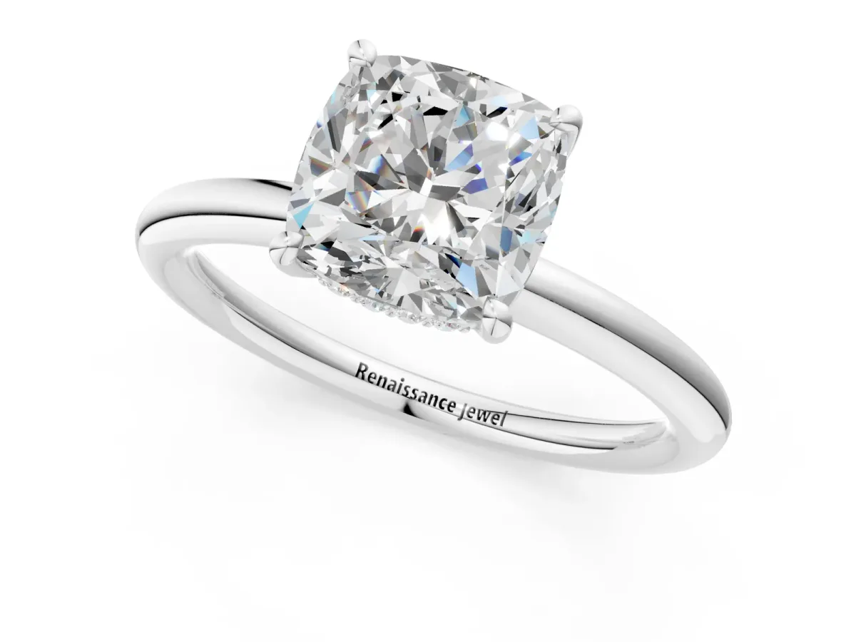 Cushion Cut Diamond Solitaire Ring with Thin Band and Four-Prong Setting Platinum