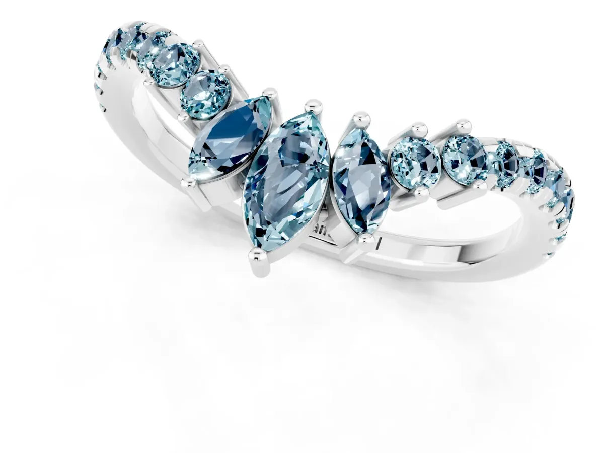 Chevron Marquise and Round Aquamarine Open Band with Prong Setting Silver