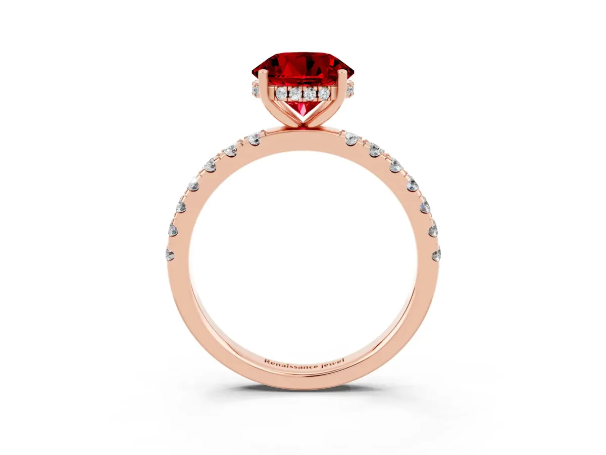 Round Cut Ruby Pave Band Solitaire Ring with Round and Prong Setting Rose gold