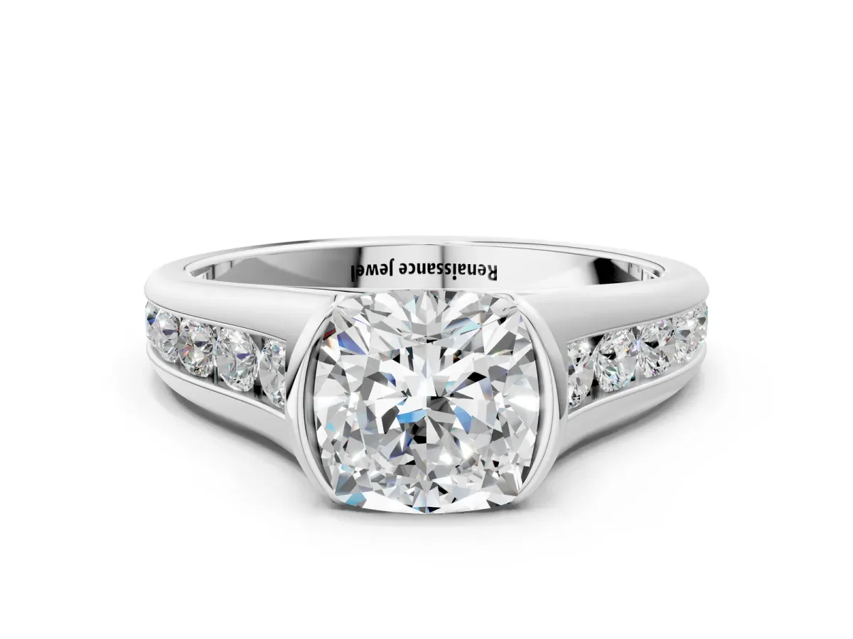 Cushion Cut Solitaire Bezel-Set Diamond Ring with Channel-Set Band Platinum