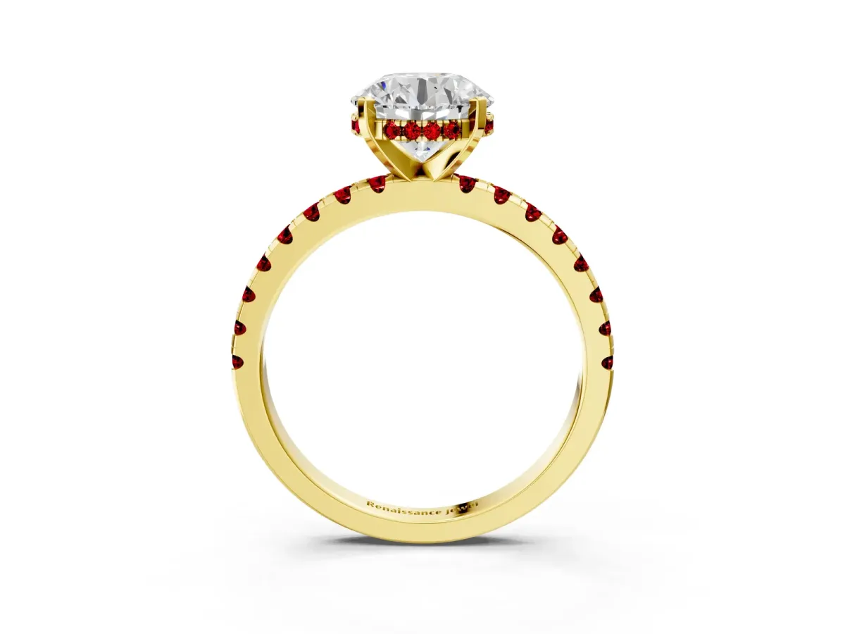 Round Cut Diamond Solitaire Ring with Round Ruby Pavé Band and Four-Prong Setting Yellow gold