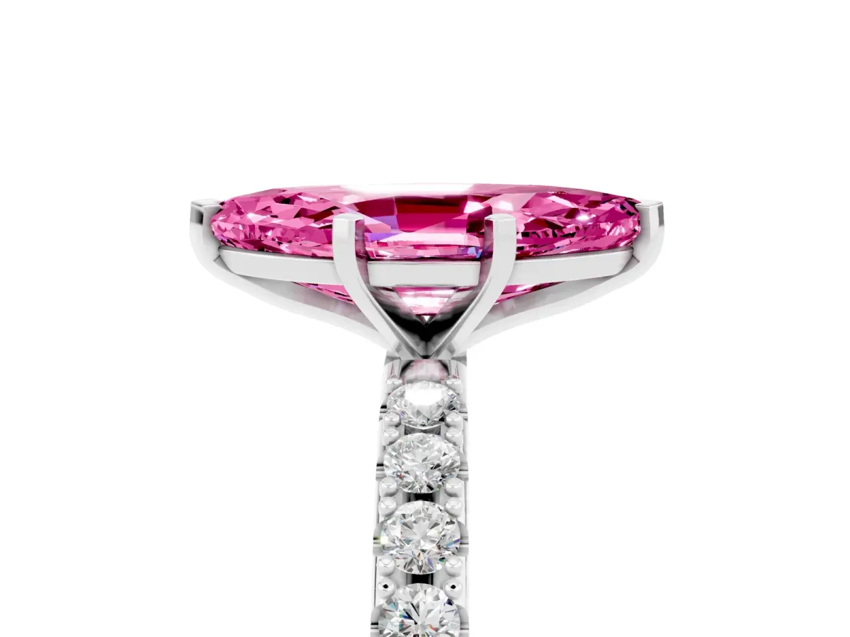 Marquise Cut Pink Sapphire Solitaire Pavé Band with Four-Prong Setting Silver