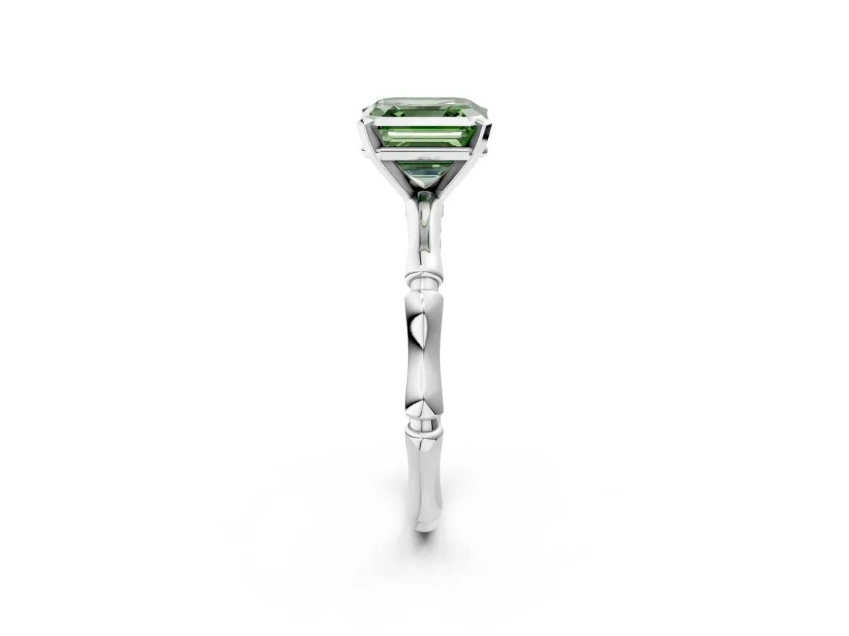Fancy Green Asscher Cut Solitaire Diamond Ring with Bamboo Band and Four-Prong Setting Platinum