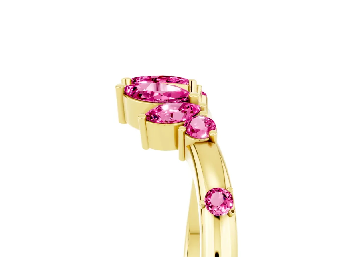 Open Marquise Cluster Pink Sapphire Band with Prong Setting Yellow gold