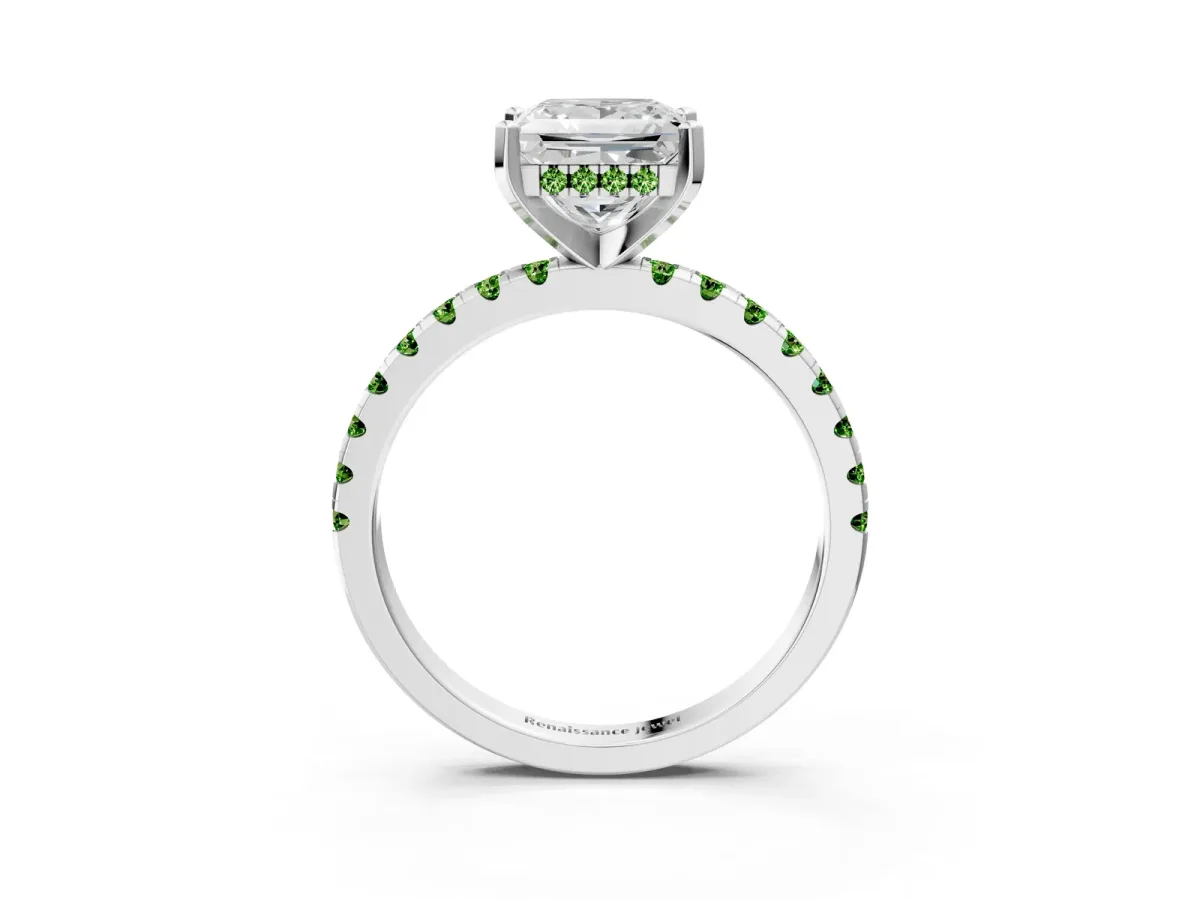 Princess Cut Diamond Solitaire Ring with Round Peridot Pavé Band and Four-Prong Setting Silver